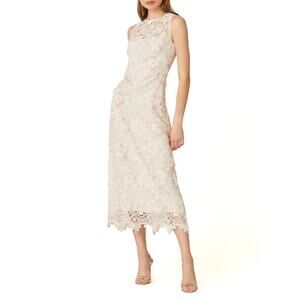 Shoshanna Ivory Gold Sleeveless Floral Lace Midi Cocktail Dress Size 10